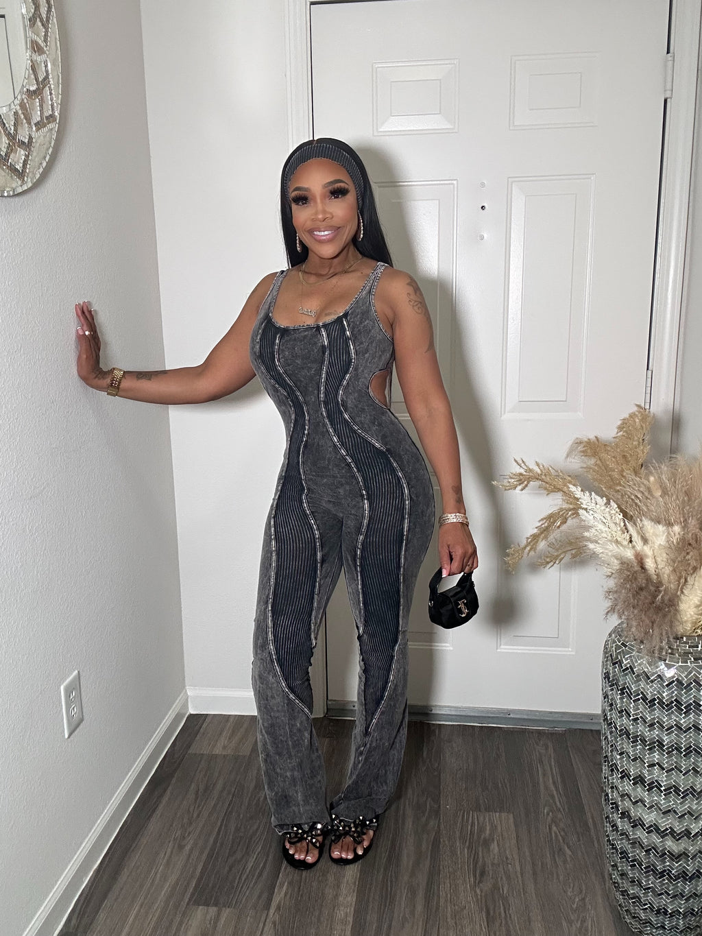 Mineral Wash Denim open back Jumpsuit + Headband