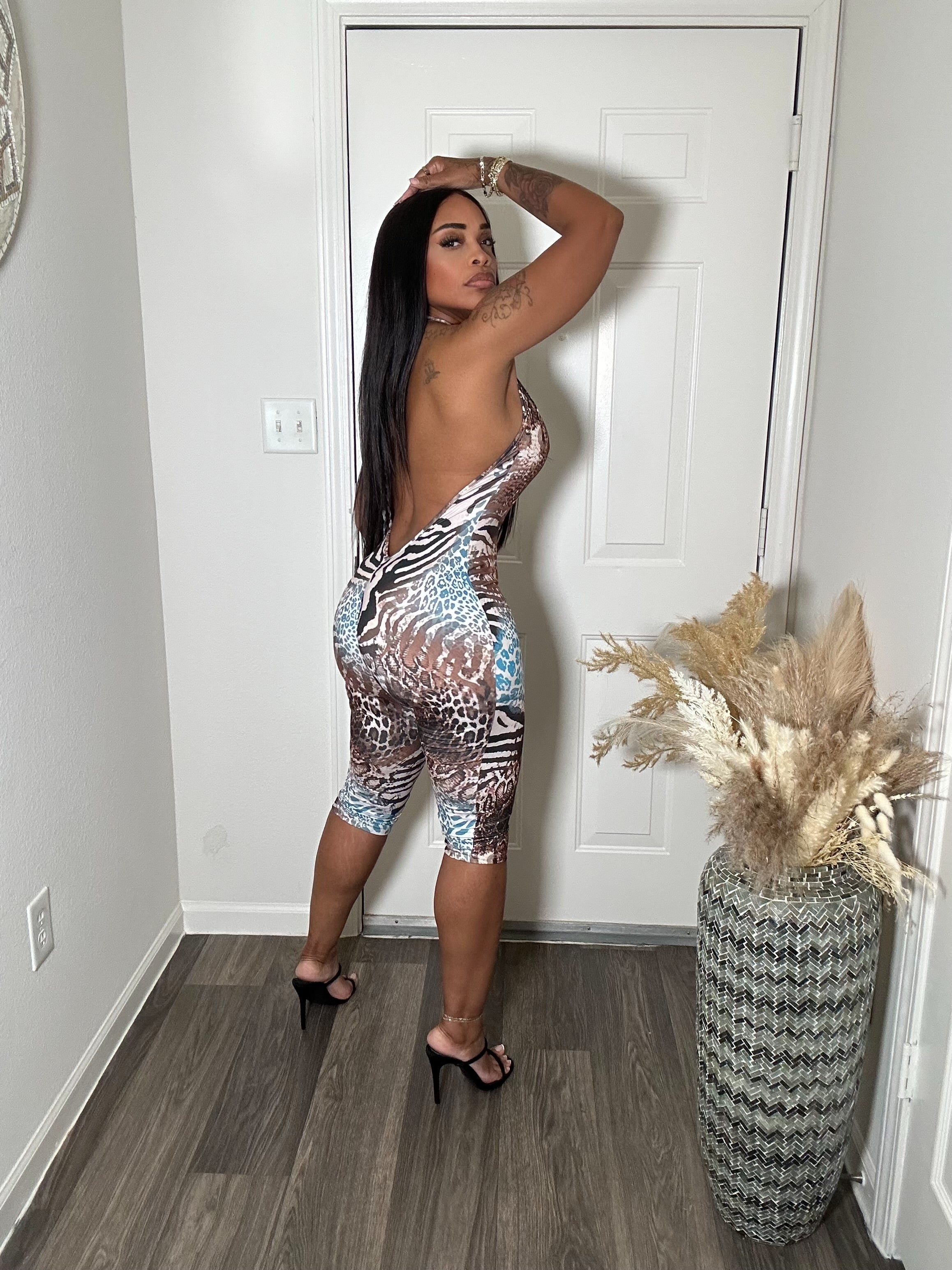 Animal Print Deep V Halter Capri Jumpsuit