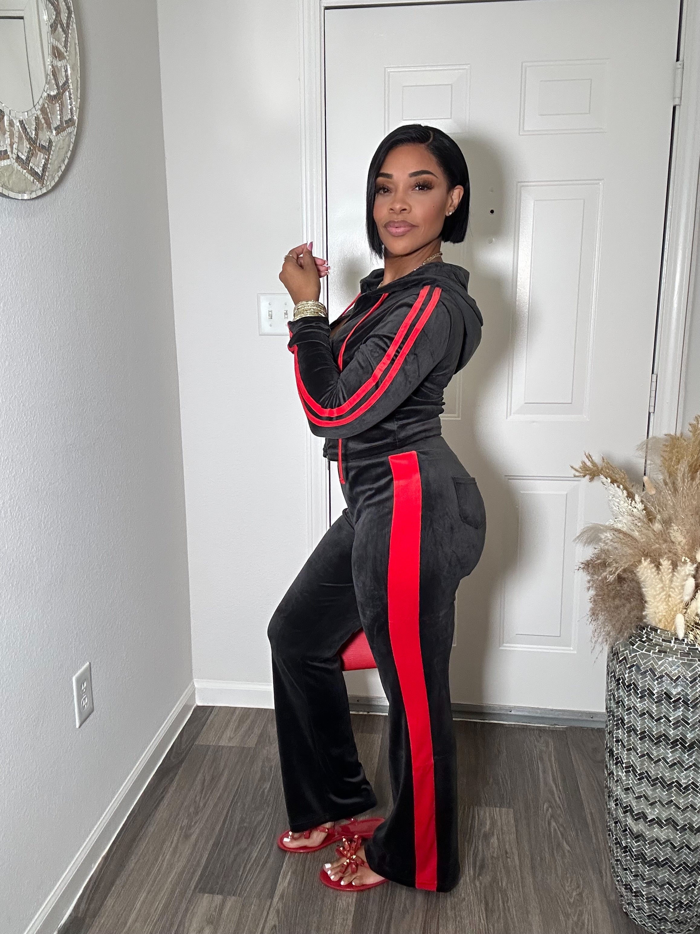 Red & Black Velour 2-pc Pants Set