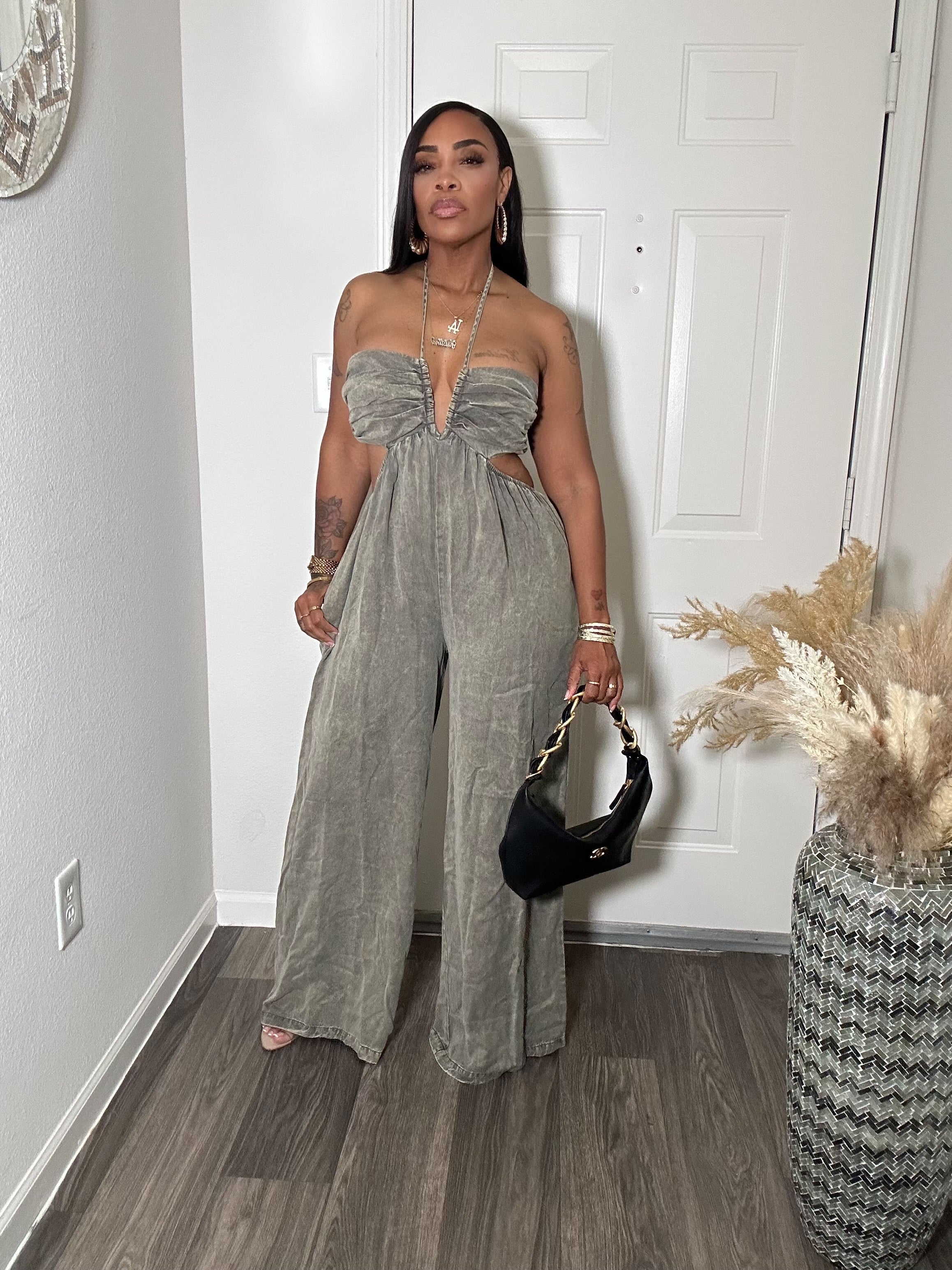 Black Mineral Wash Cut out Jumpsuit