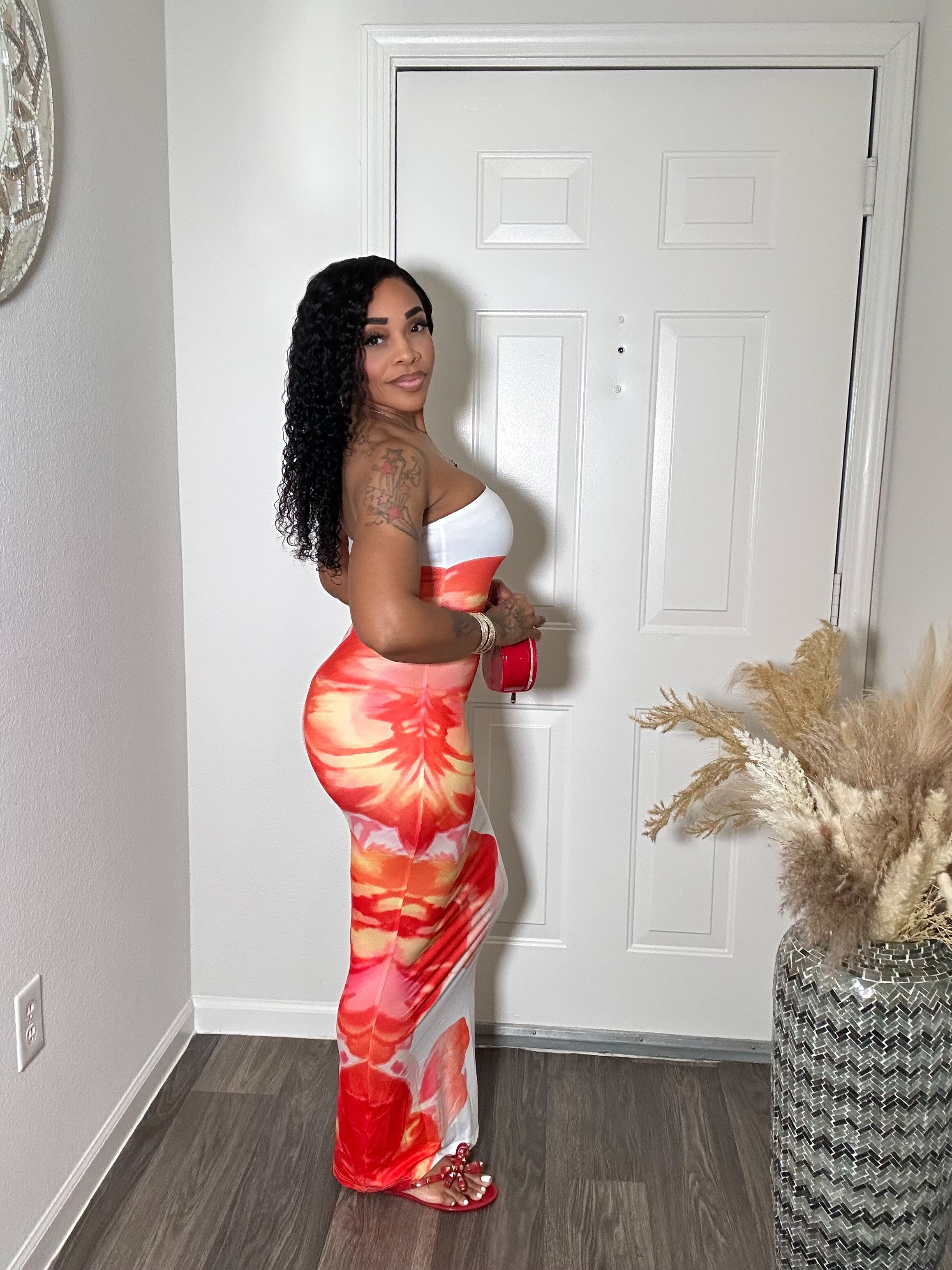 Red & White Floral Maxi Tube Dress