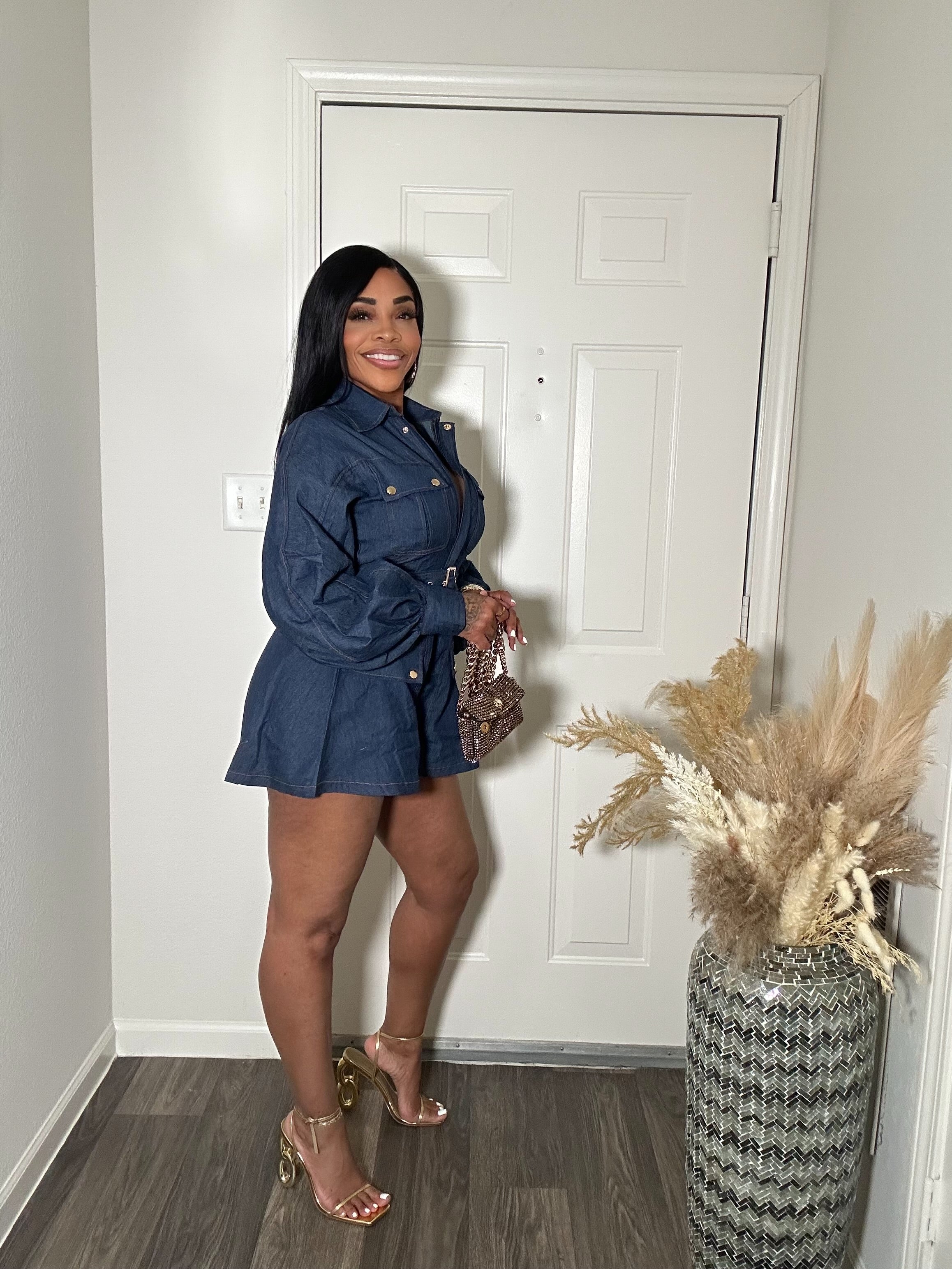 Denim long sleeve Romper with belt