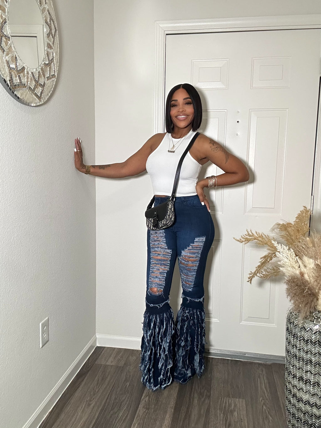 High Waist Dark Denim Fringe Jeans