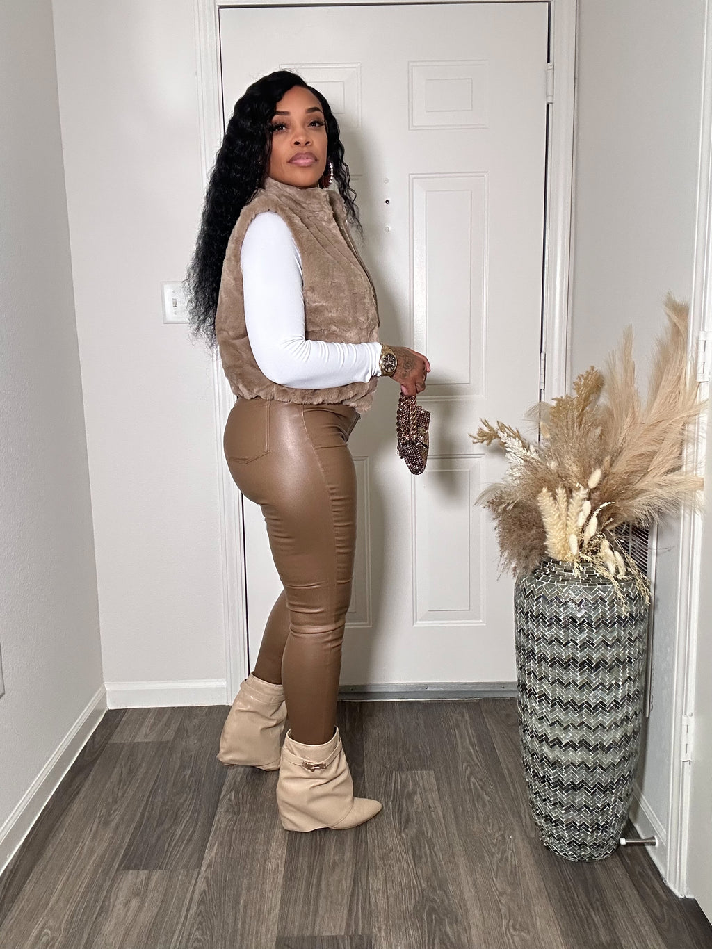 CAMEL FAUX LEATHER PANTS