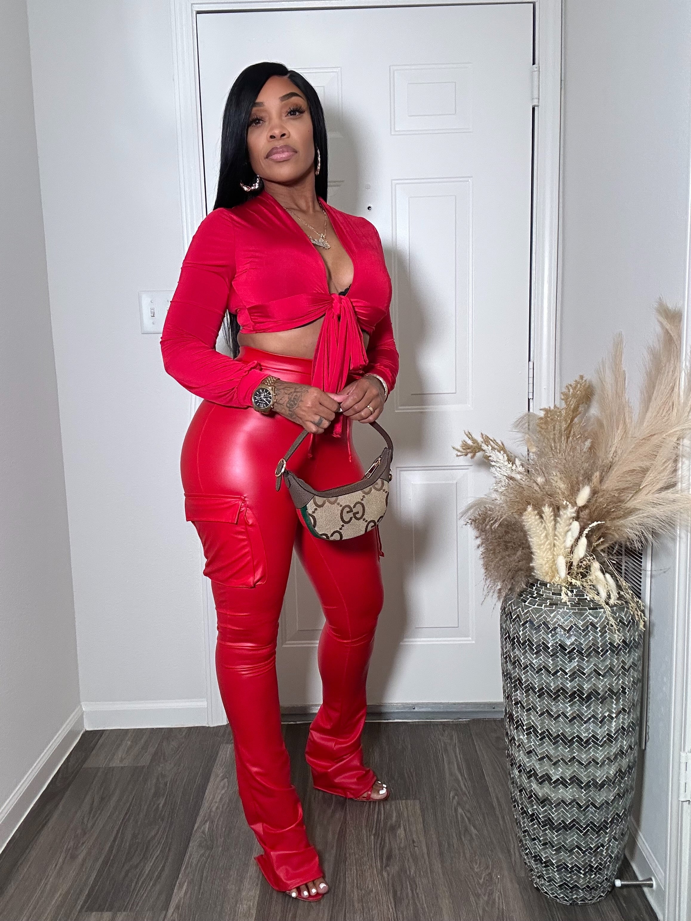 STACKED FAUX LEATHER CARGO PANTS