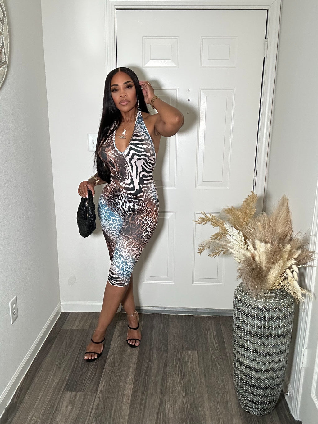 Animal Print Deep V Halter Capri Jumpsuit
