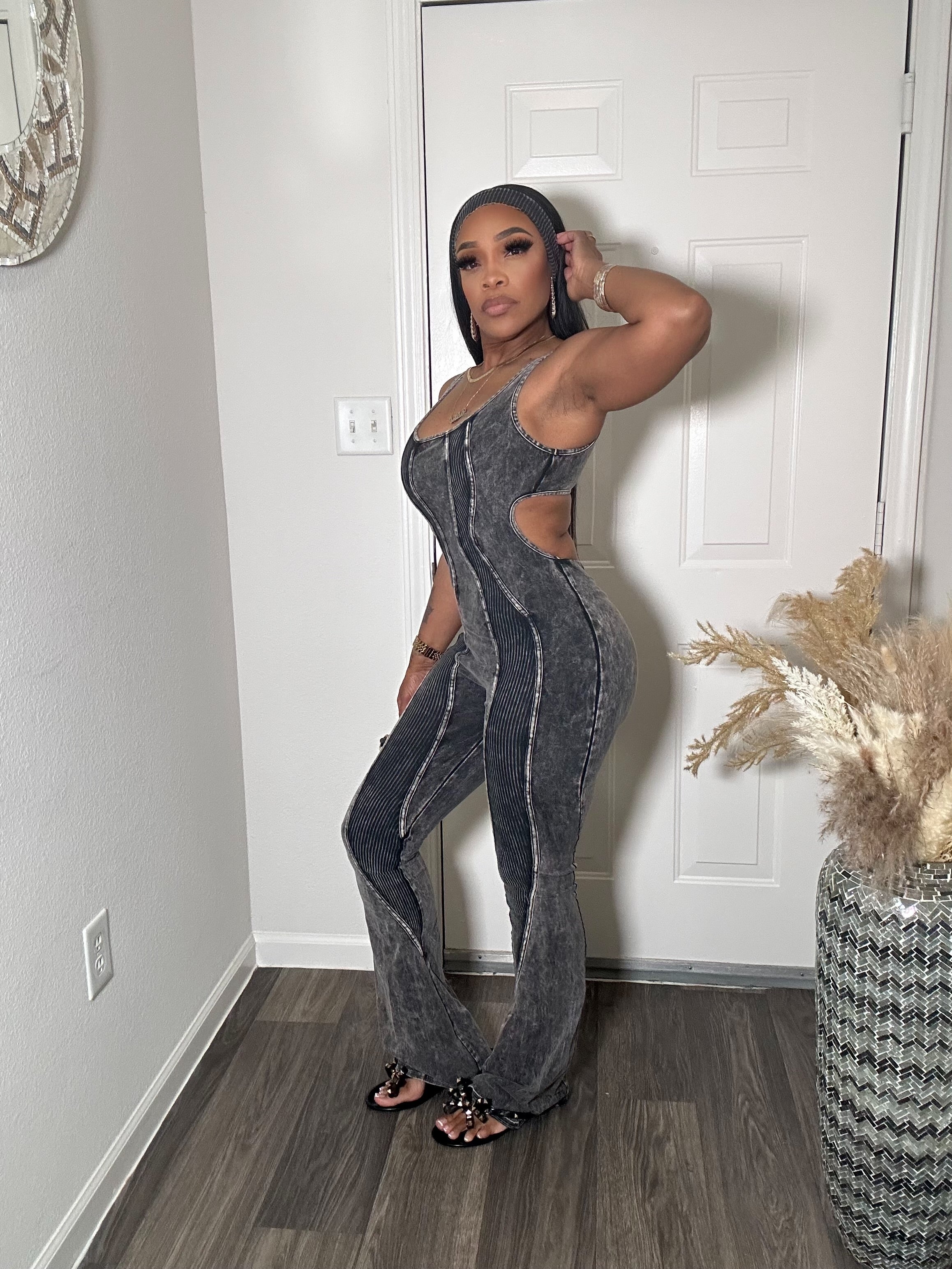 Mineral Wash Denim open back Jumpsuit + Headband