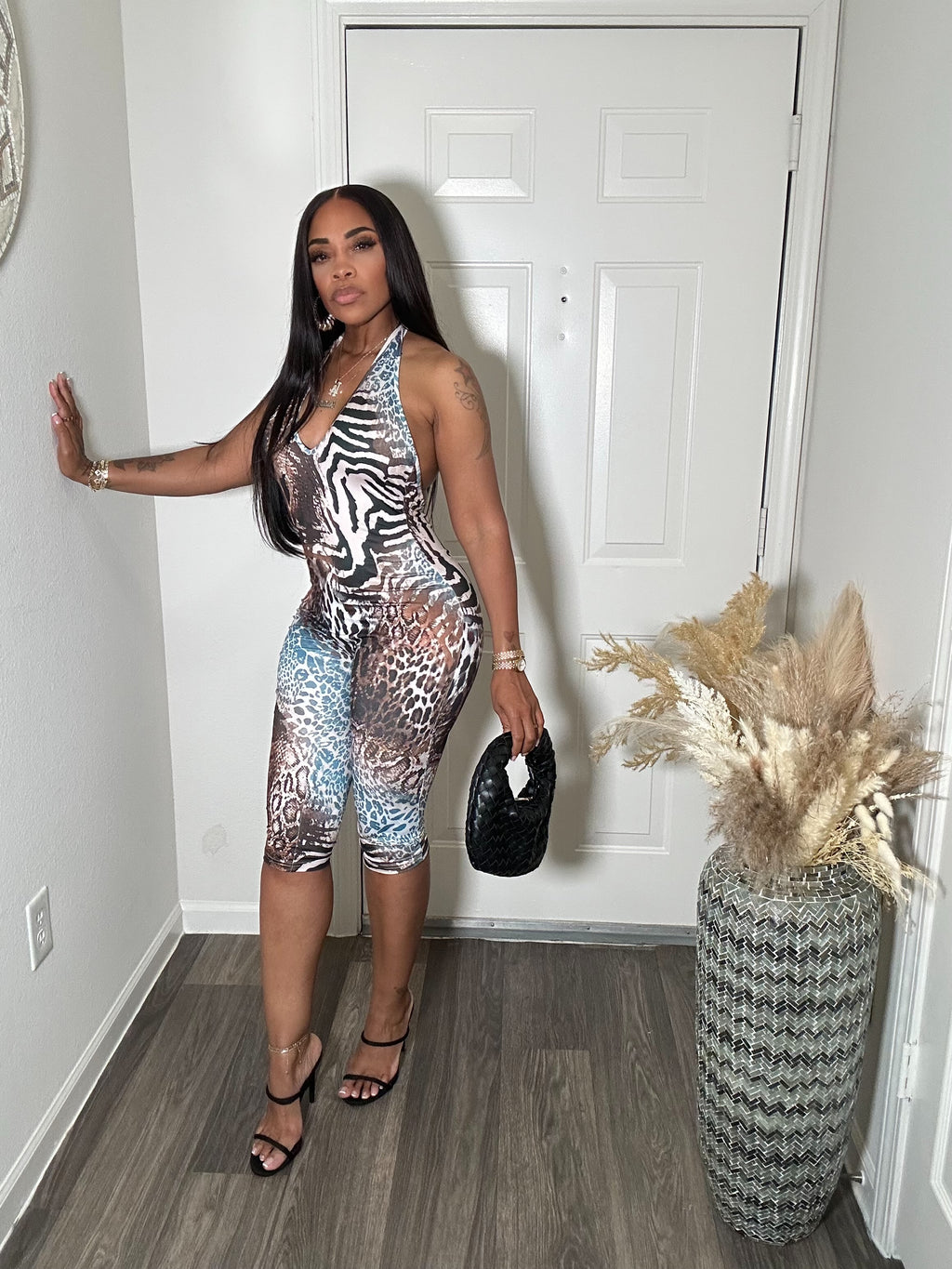 Animal Print Deep V Halter Capri Jumpsuit