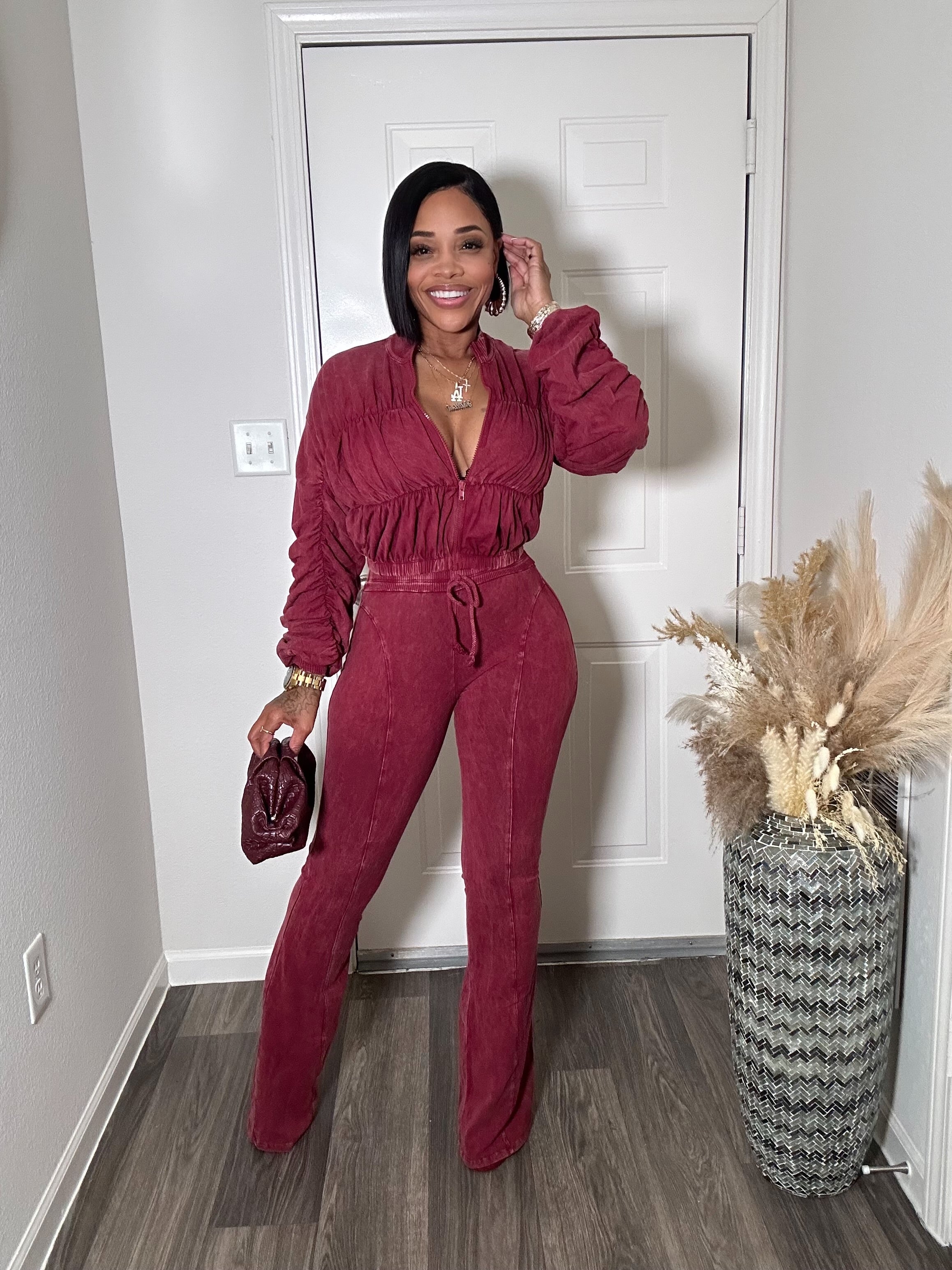 Mineral Wash Shirring Sleeve Jacket & Pants Set