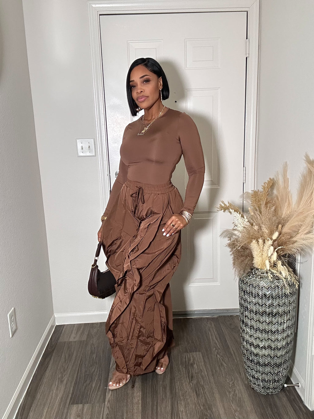 Chocolate brown bodysuit & Wavy pants set