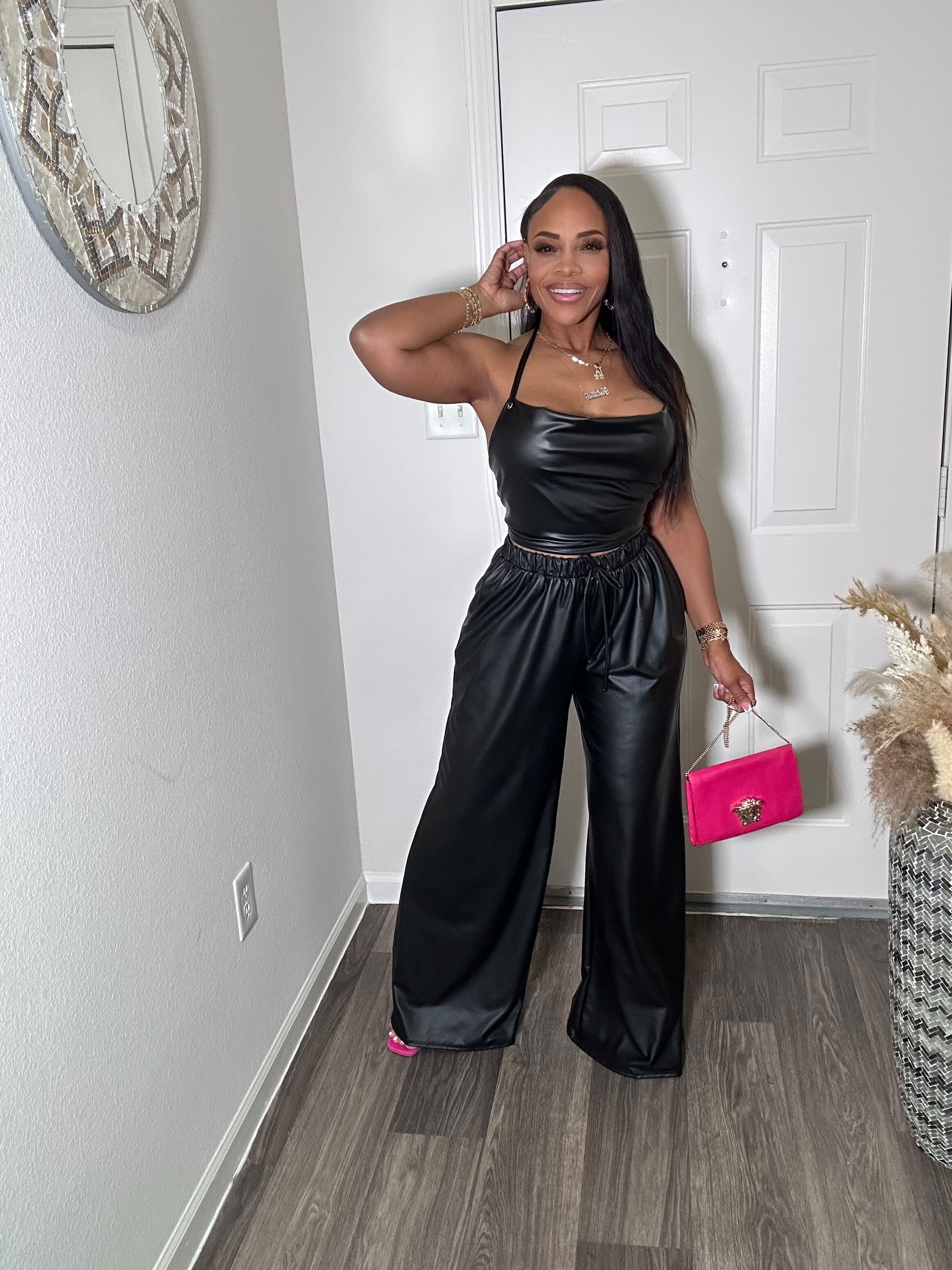 Faux Leather lace Up Back Halter Top & Wide leg Pants