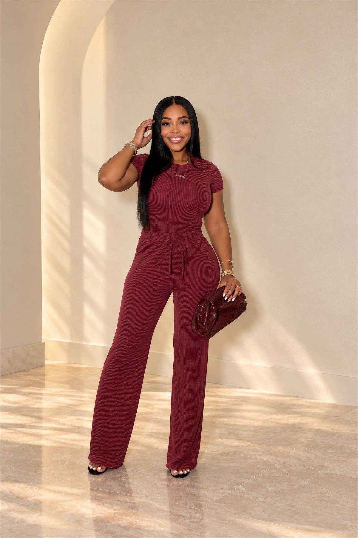 Ribbed Short Sleeve Top & Pants Set