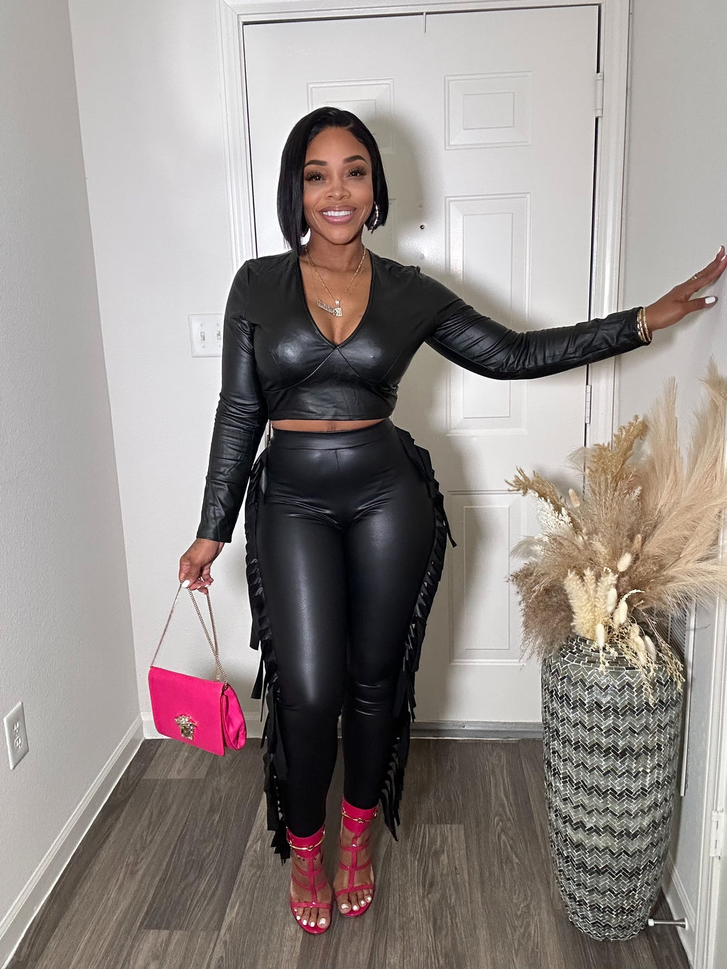 Black Faux Leather V-Neck Long Sleeve Top