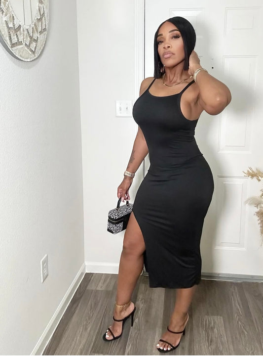 Black Spaghetti Strap High Slit Dress