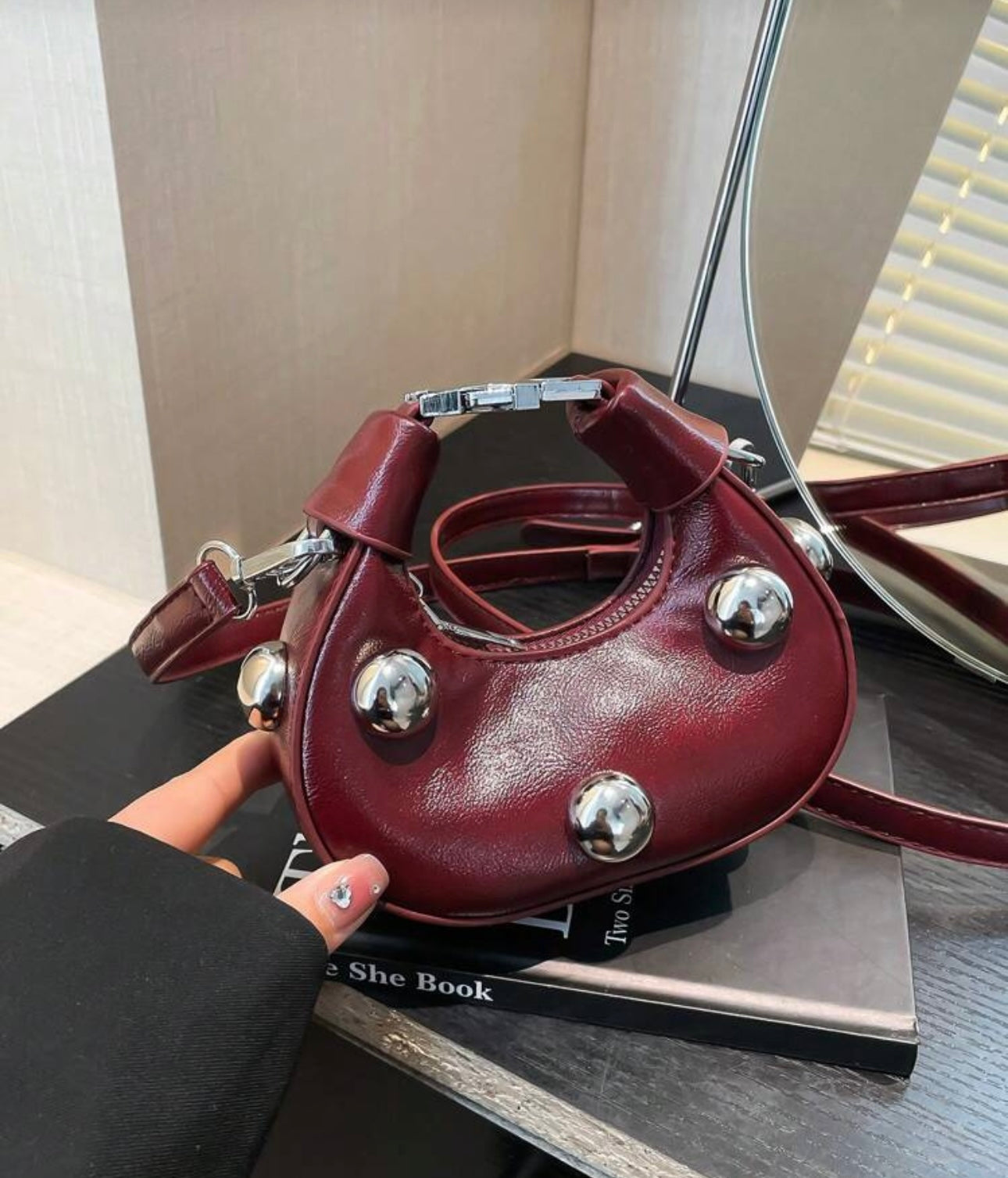 Mini Wine Silver Stud Bag