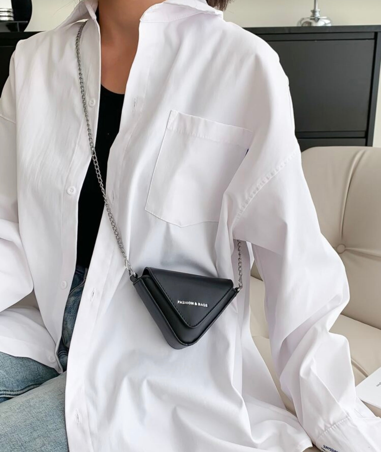 Black Triangle Mini Bag Silver Chain Strap