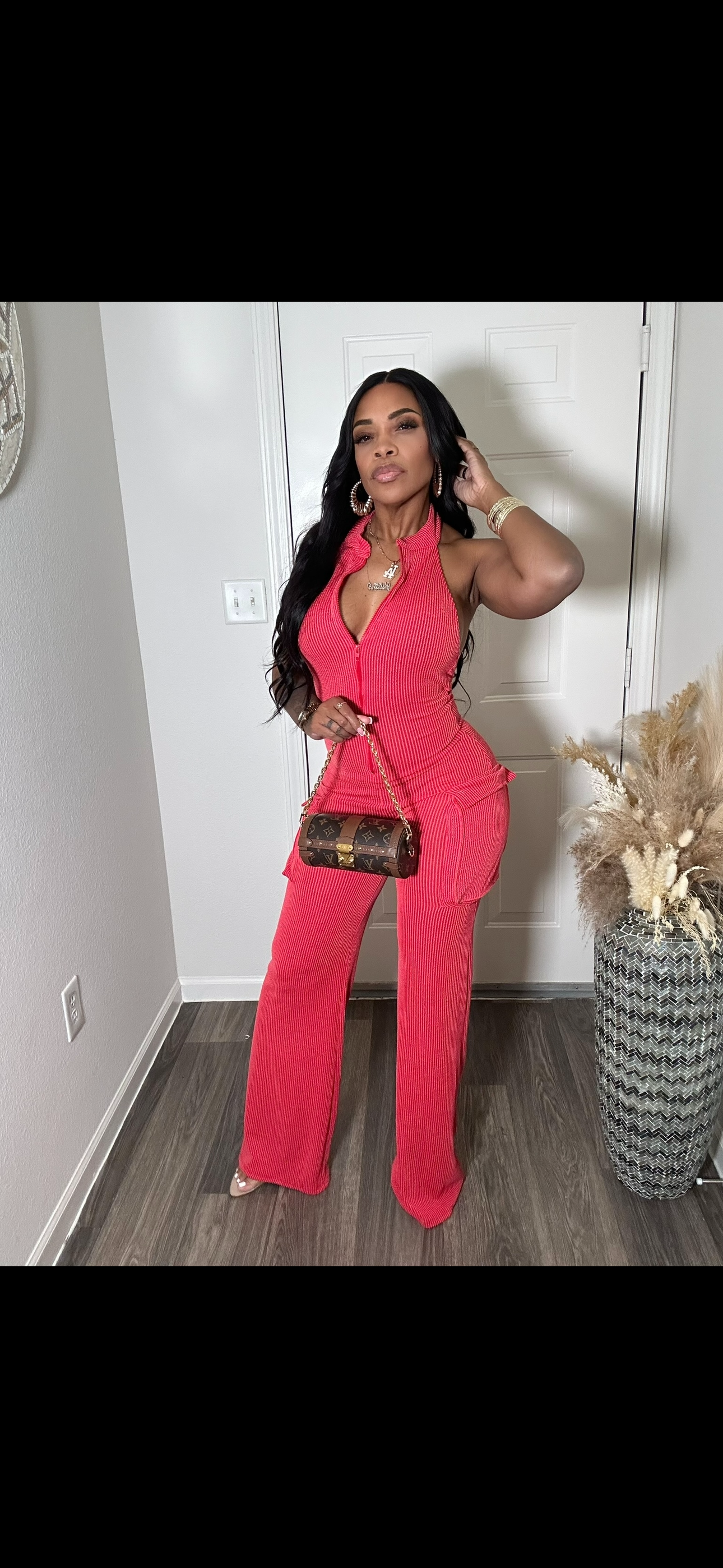 Red Ribbed Open Back Cargo Jumpsuit