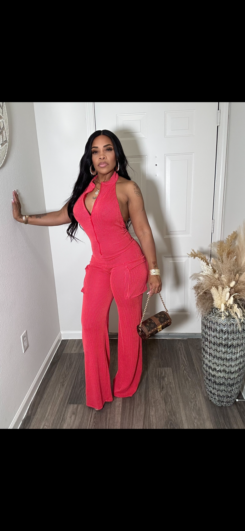Red Ribbed Open Back Cargo Jumpsuit